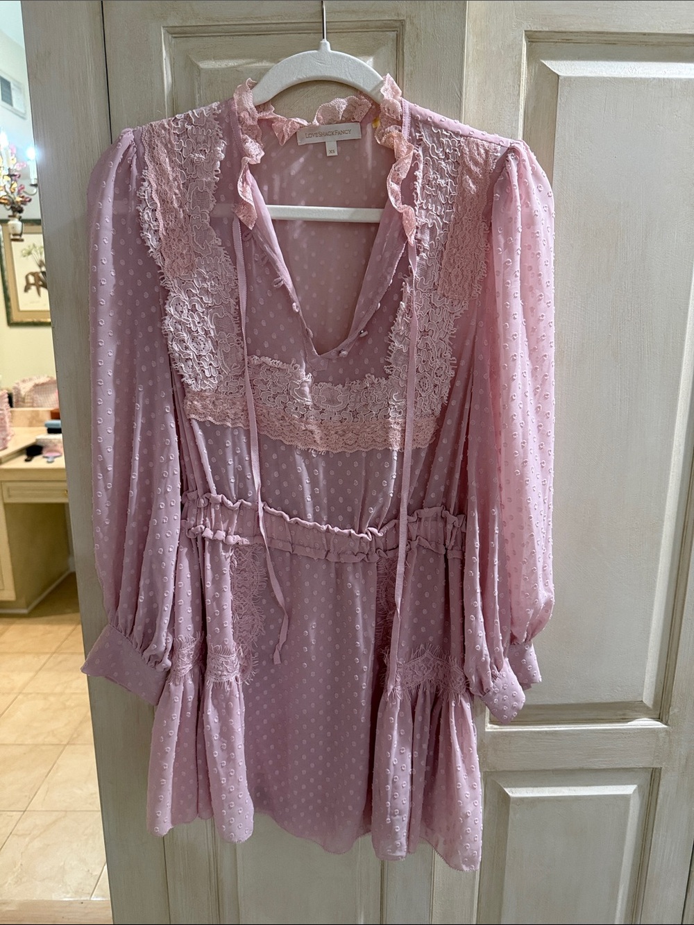 LoveShackFancy Dusty Pink Swiss Dot Lace-Trimmed Babydoll Chemise